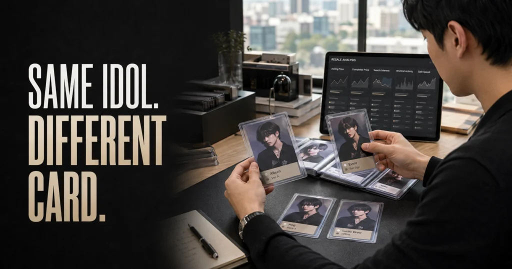 K-pop photocard resale value analysis comparing exact card identity, POB, Lucky Draw, supply and completed transaction signals