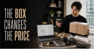 Korean secondhand item being packed for international shipping with package size, weight and handling costs under review