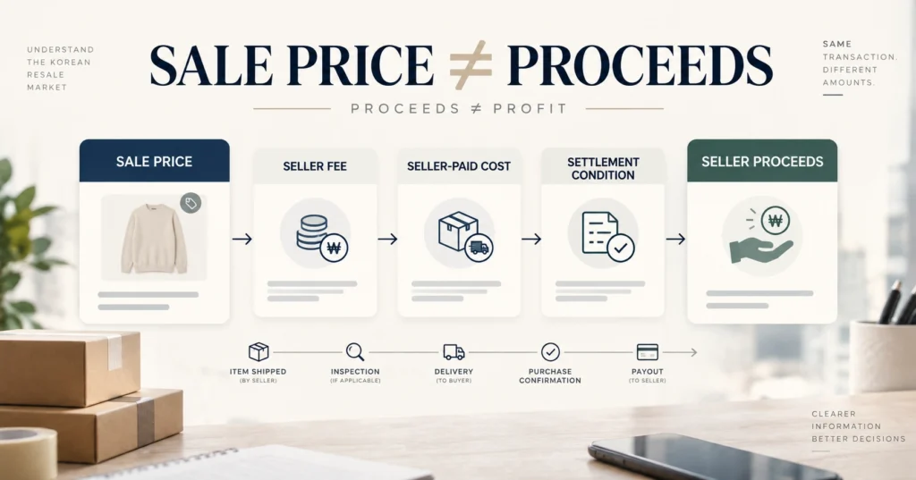 Korean resale transaction flow showing how seller fees, seller-paid costs and settlement conditions separate sale price from seller proceeds.